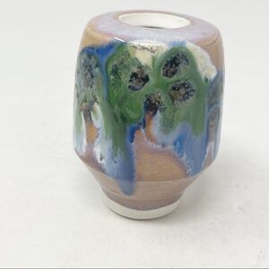 MAYHEW Glazed Pottery Vase Drip Design Mauve Blue Green 5” X 3”